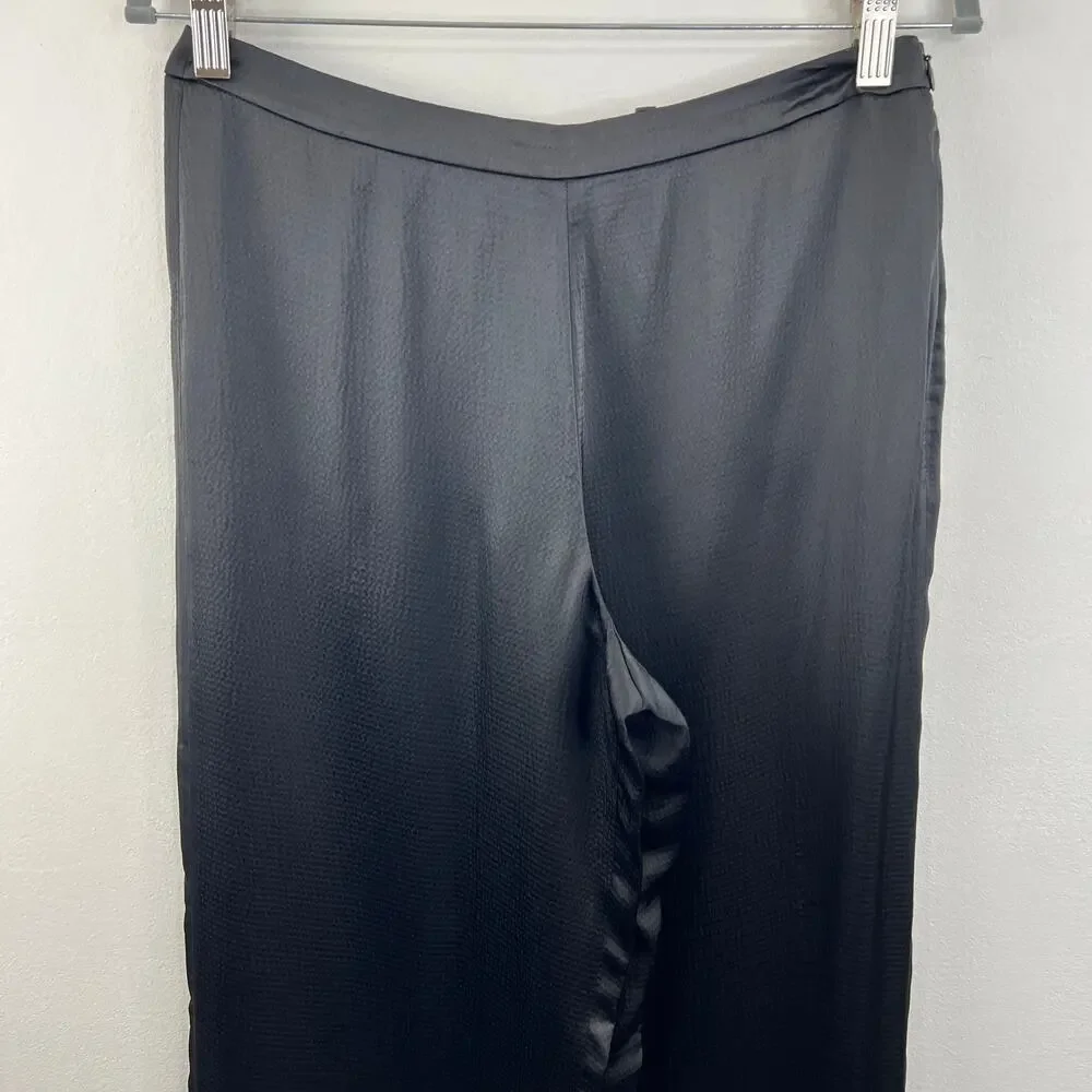 THEORY Black Pajama Pant in Hammered Viscose Satin Side-Zip Full Length 4 S